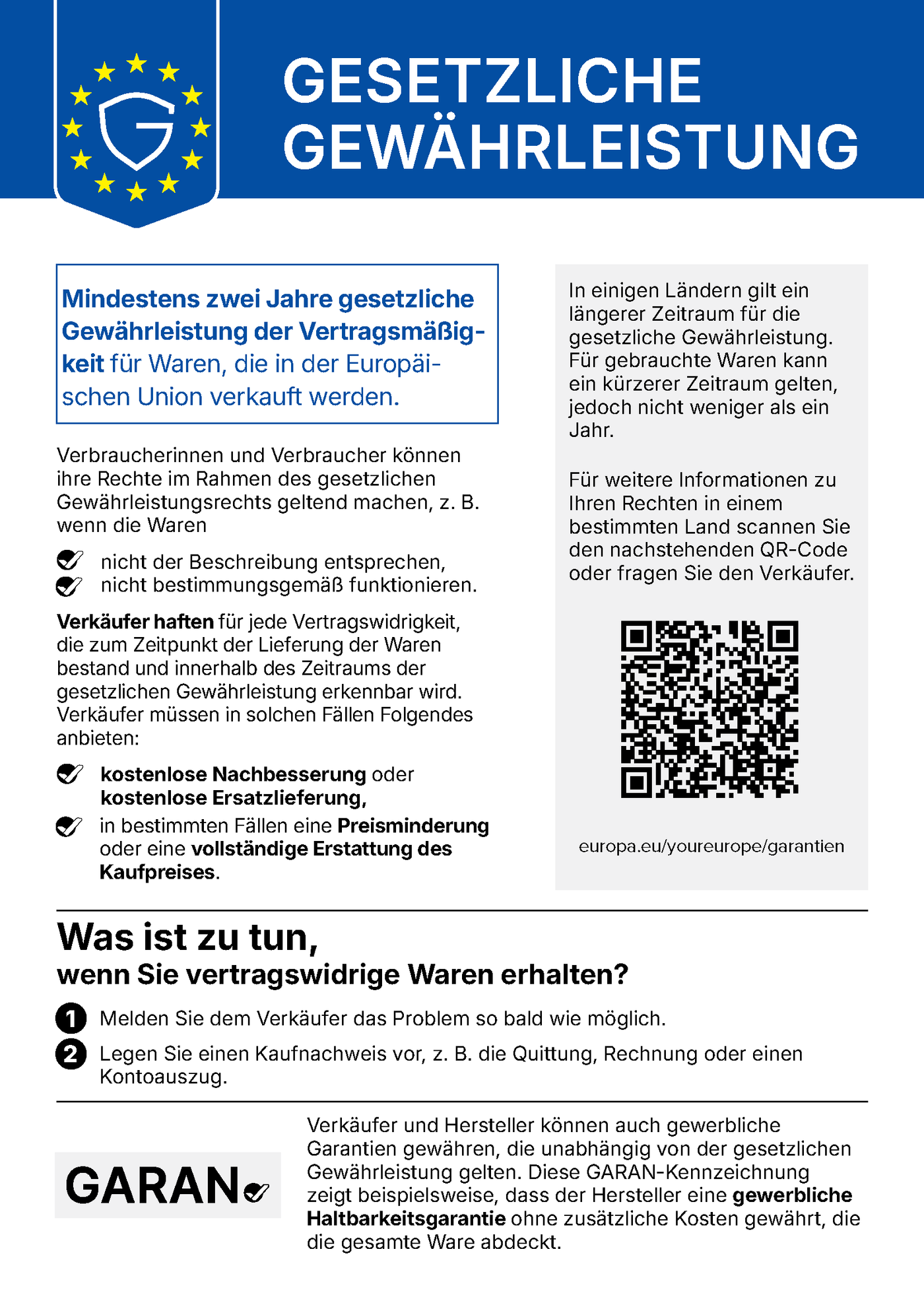 EU-Hinweis zur gesetzlichen Gewährleistung: mindestens zwei Jahre gesetzliche Gewährleistung für Waren, die in der Europäischen Union verkauft werden.