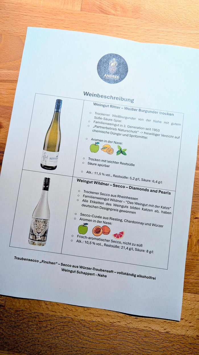 Beispiel einer Weinbeschreibung für eine Weinkarte zur Hochzeit