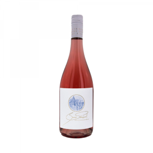 Flasche Roséwein mit elegantem Etikett.